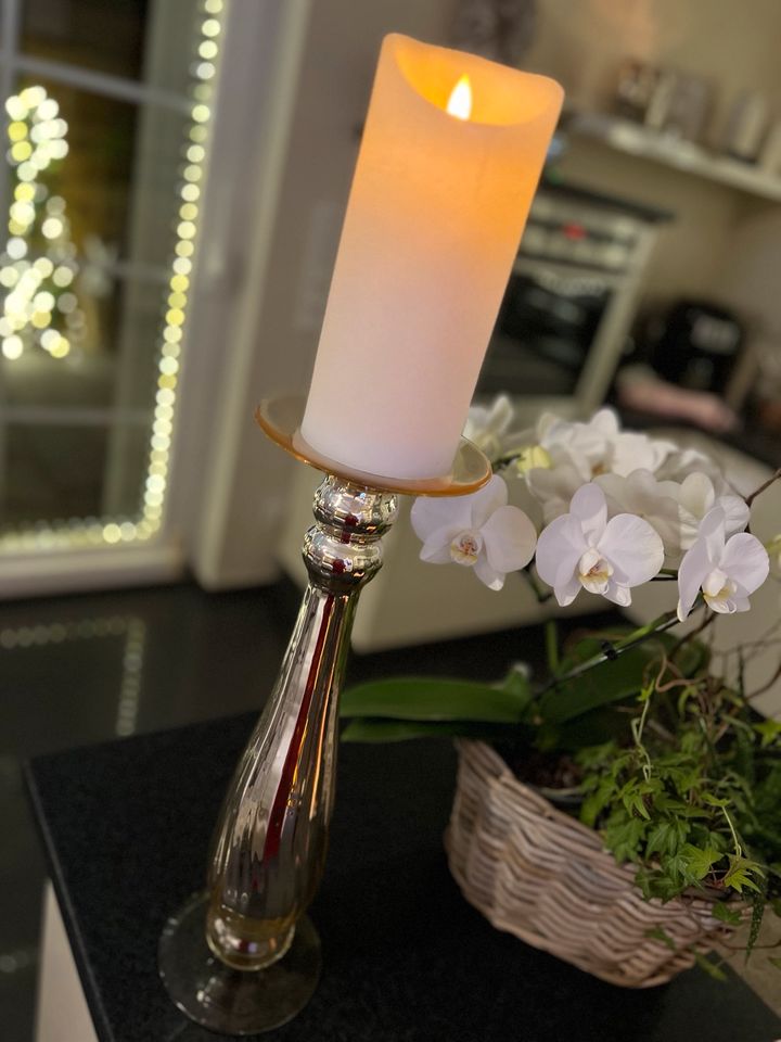 XXL Kerzenständer Glas beige verspiegelt 46 cm hoch in Geesthacht