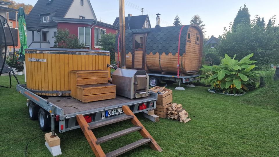 Mobile Sauna, Fasssauna, Sauna mieten, mobiler Whirlpool, Hot Tub in Wenden