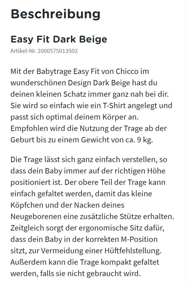 Babytrage chicco Easy Fit Dark Beige in Duisburg