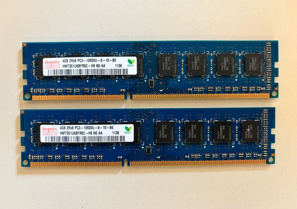 Arbeitsspeicher 2x4GB Hynx HMT351U6BFR8C-H9 DDR3 1333MHz CL9 in Gundelfingen a. d. Donau