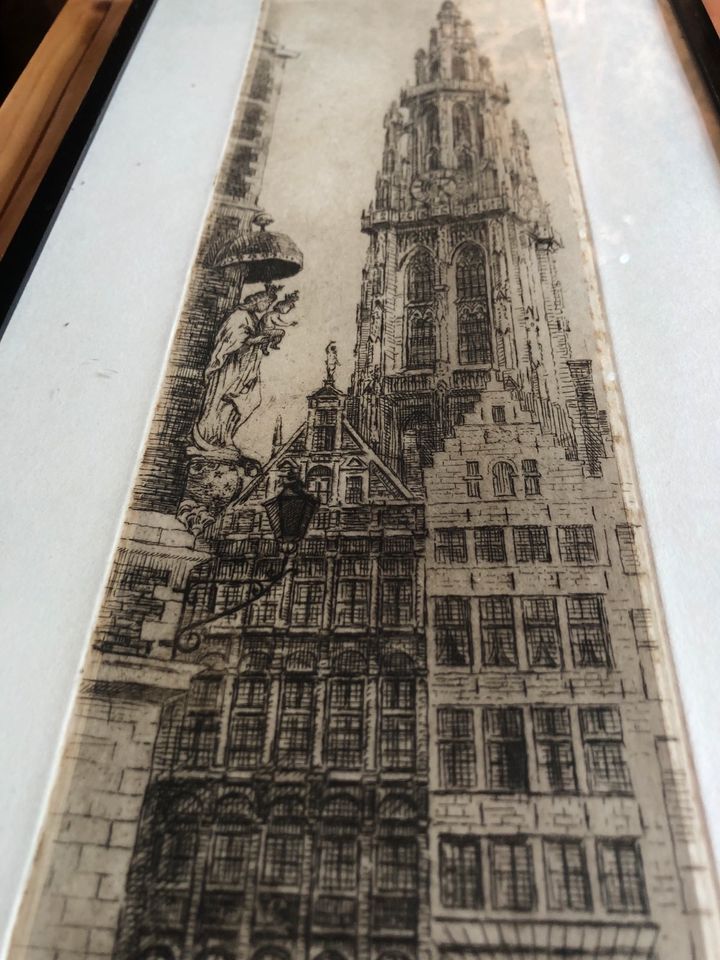 lim. Radierung Antwerpen ? 53/150 Bild original Kirchturm in Lützen Dehlitz