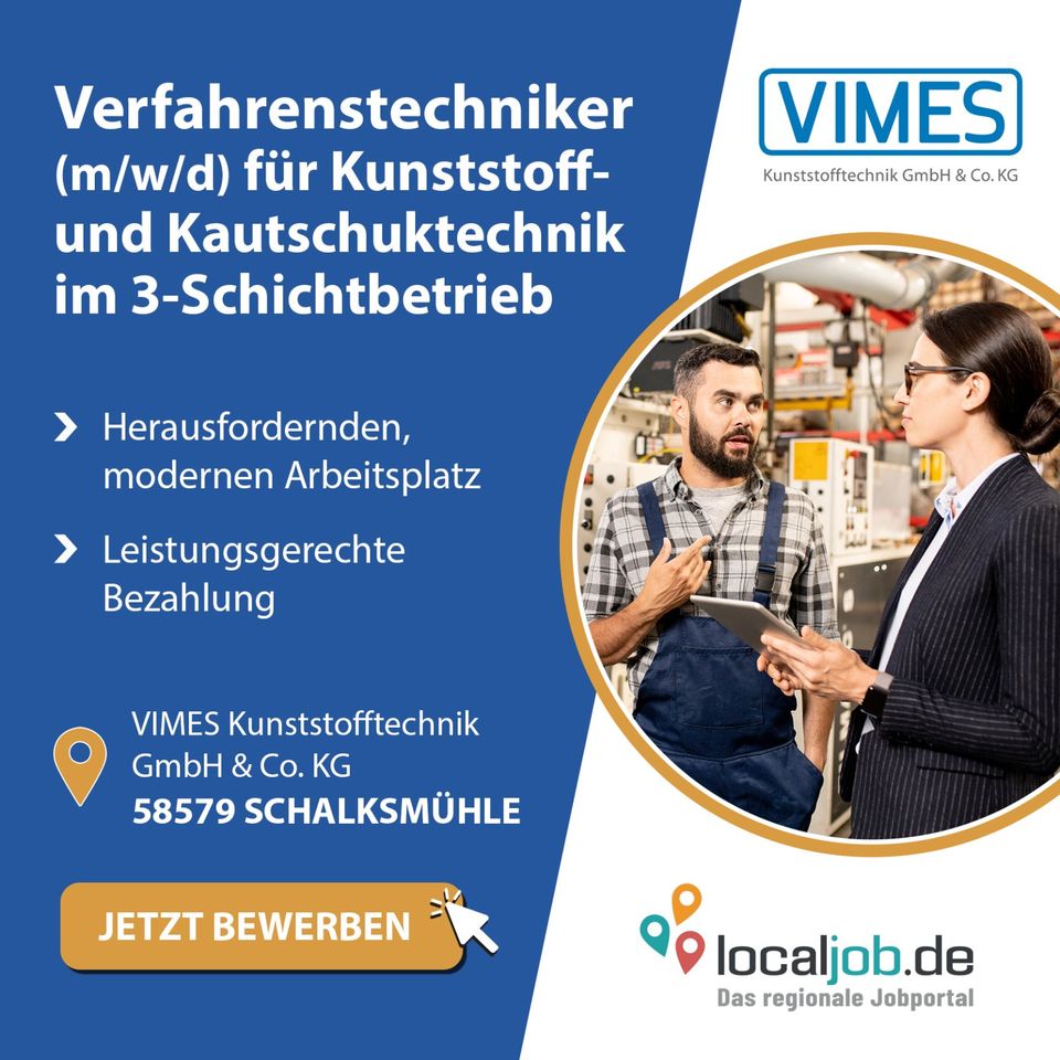 Verfahrenstechniker (m/w/d) für Kunststoff- und Kautschuktechnik in Schalksmühle gesucht | www.localjob.de in Schalksmühle