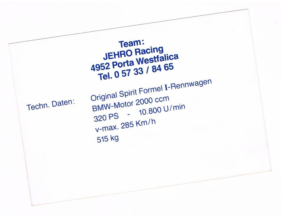 Autogrammkarte Eric Rostek Formel 1 JEHRO Racing BMW in Fulda