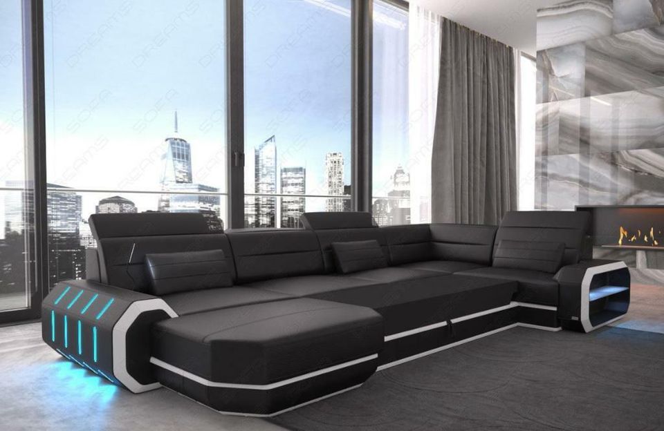 Stoff Sofa Couch Wohnlandschaft Roma in U Form mit Ottomane LED in Berlin