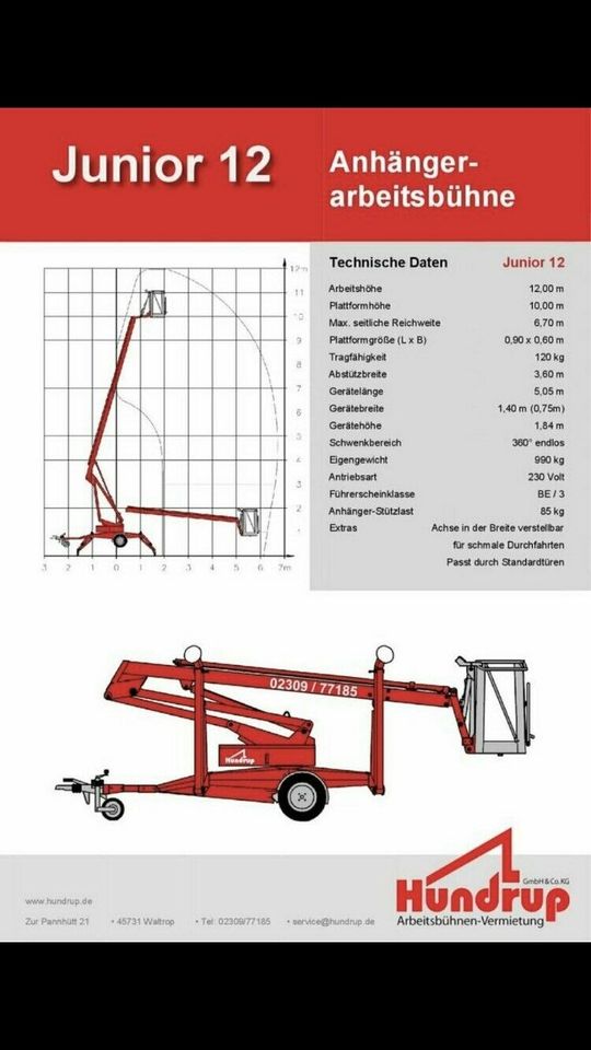 Anhänger Arbeitsbühne Hubsteiger 12m für Dortmund (Waltrop)mieten in Dortmund