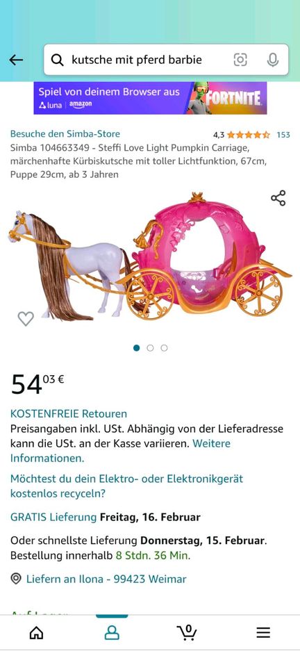 Simba Kutsche mit Pferd Barbie Steffi in Weimar