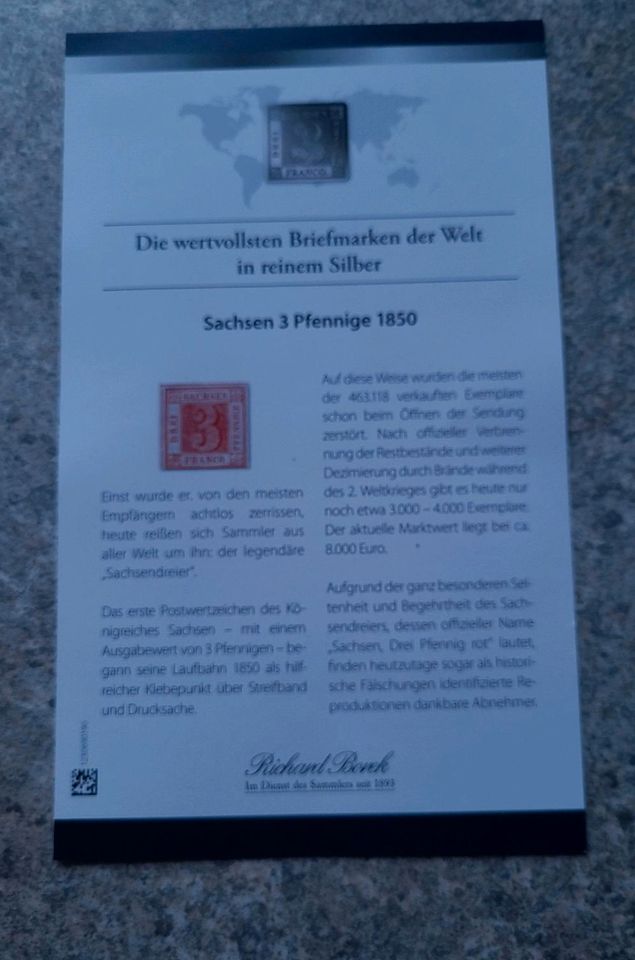 Silberbriefmarke  ,Sachsen 3 Pfennige in Flieden
