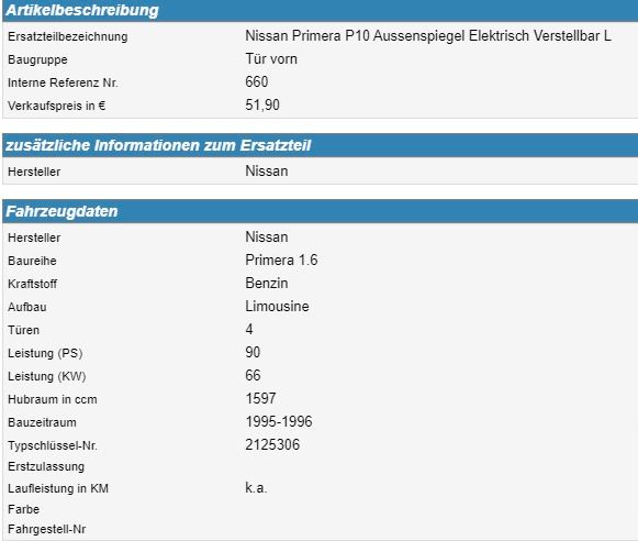 Nissan Primera P10 Aussenspiegel Elektrisch Verstellbar L in Bottrop