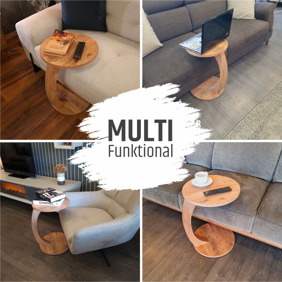 NEU ✅✅ Couchtisch mit Rollen - Kleiner Beistelltisch C Form - stylischer Sofatisch aus Holz in schöner Nussbaum Optik - runder Tisch als Ablagefläche für Couch und Sofa - Bestseller - Topseller in Berlin