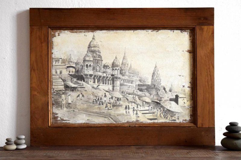 Gemälde handgemalt Varanasi Bild Indien Wandbild 45 x 60cm Holz in Dresden