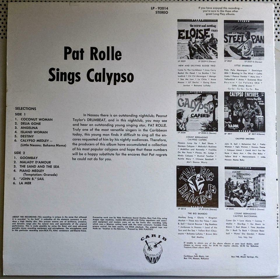 LP 400J1. "Sings Calypso" "Pat Rolle" in Langenfeld Eifel
