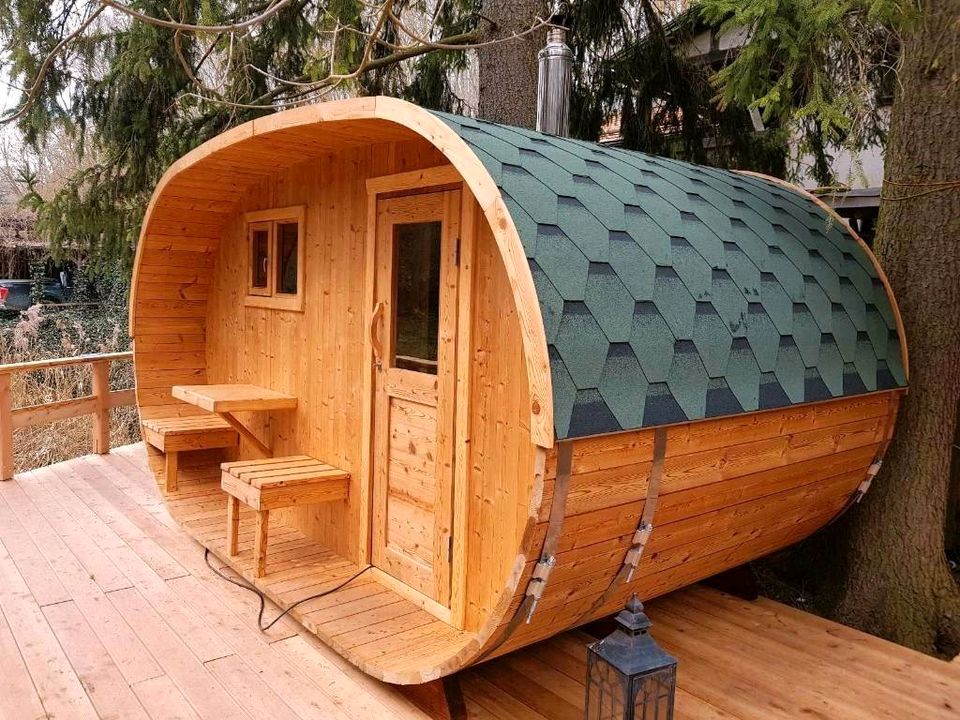 Sofort startklar & fertig montiert Fasssauna mit Holzofen Saunafass Garten Sauna Harvia Saunatonne Haus Fassauna Badezuber Hot Tub Kamin Badefass Brennholz Feuertonne Tiny House Fass Gartenhaus mobile in Erfurt