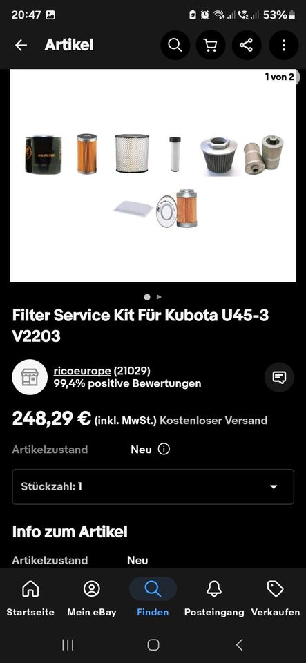 Kubota Service Kit U45 KX 121-3 kx 161-3  Filter Dichtungen etc. in Meinhard