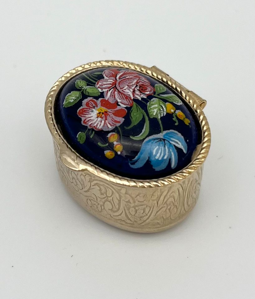 Vintage Pillendose Schmuckbox Blumen Gold Kobalt Schatulle RAR in Schwerin