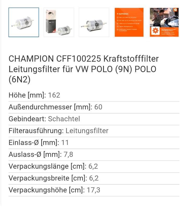 CHAMPION CFF100225 Kraftstofffilter Leitungsfilter für VW POLO 9N in Rhede