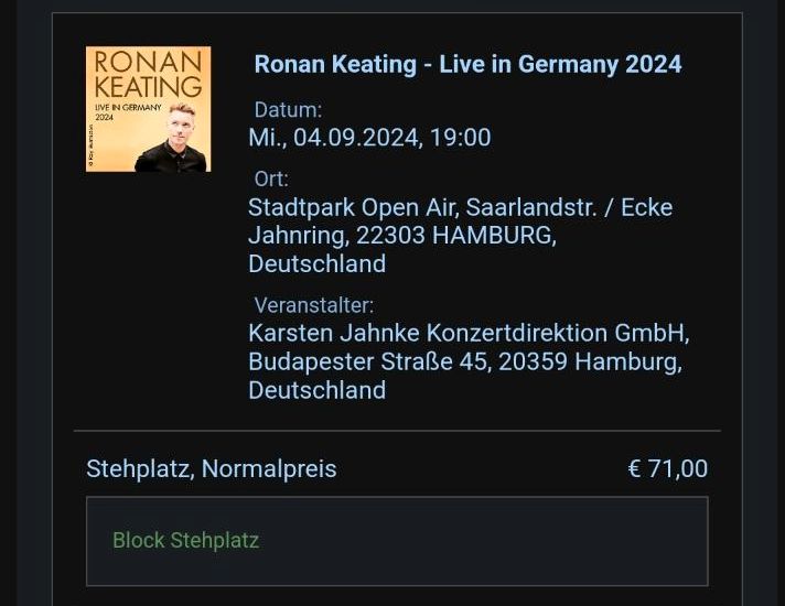 Ronan Keating Ticket Hamburg 04.09.2024 in Rostock