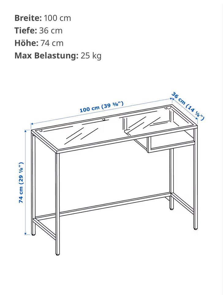 VITTSJÖ Laptoptisch (IKEA), schwarzbraun/Glas, 100x36 cm in Köln