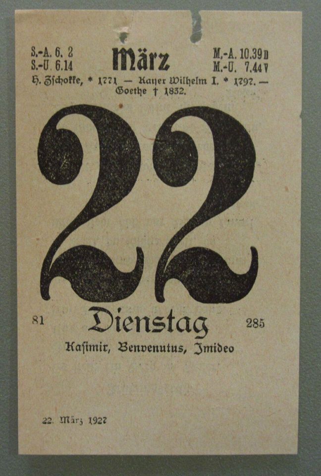 Kalenderblatt 22.3.1927 (Kaisers Geb., Goethes Todestag) in Mauritz