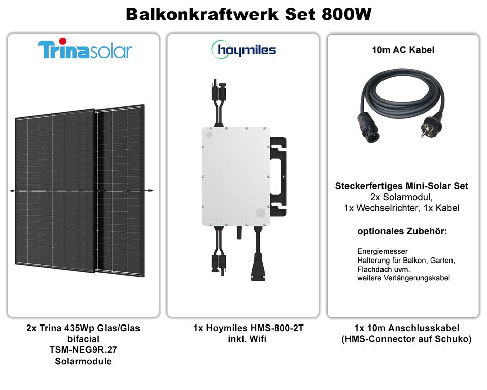 Balkonkraftwerk 870W Solar PV Set - 2x Trina 435 Wp Glas/Glas Modul, 1x Hoymiles HMS-800 Wifi Wechselrichter, 1x 10m Kabel in Plauen