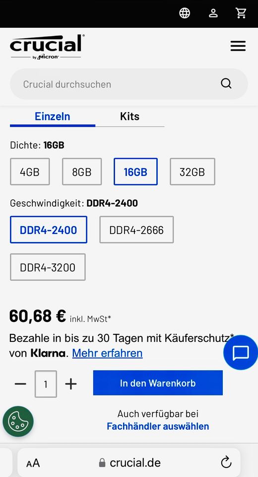 2 x (16GB) Arbeitsspeicher DDR4 2400 Crucial in Deisenhofen