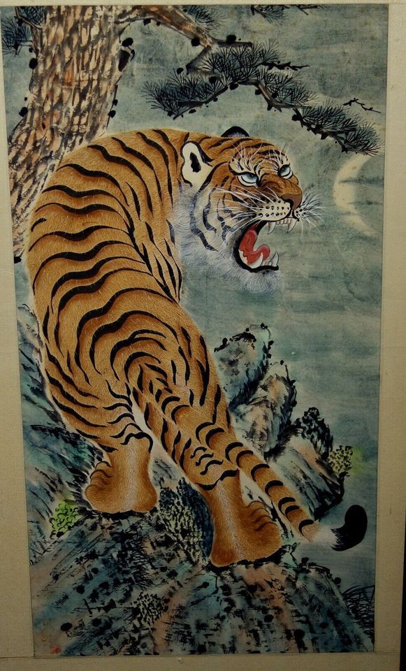 ALTES GEMÄLDE Aquarell-Zeichnung CHINA *** Tigar ***Unpo 146 x 86 in Gelnhausen