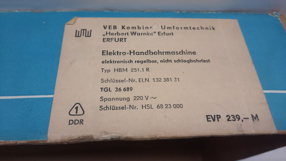 DDR ELEKTRO HANDBOHRMASCHINE HBM 251.1R OVP RAR OSTALGIE WERKZEUG in Erlau