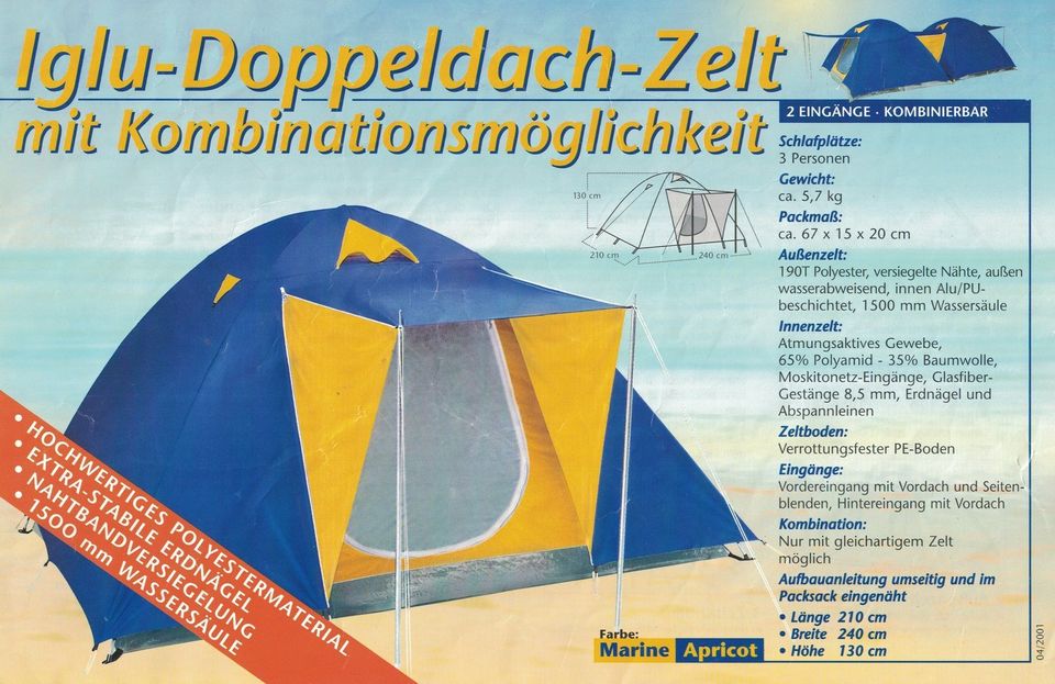 Iglu Doppel Dach Zelt bis 3 Personen 240x210x130cm in Wittstock/Dosse