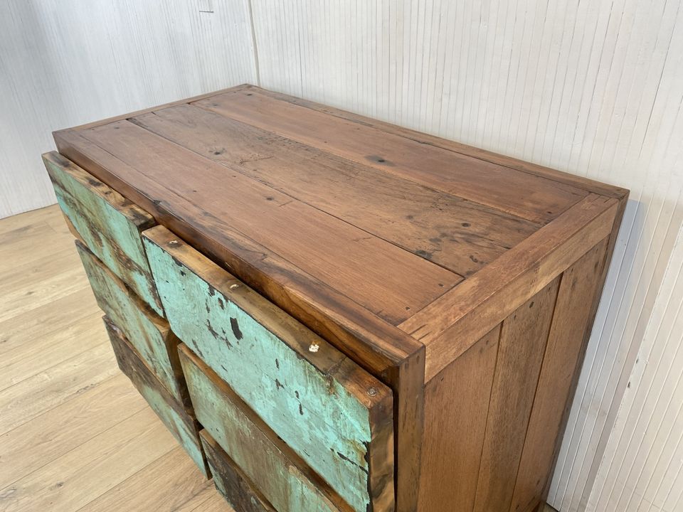 Boatwood by WMK # Meeresblaue Schubladenkommode aus altem Bootsholz, ein handgefertigtes Unikat aus massivem Teakholz # Schrank Kommode Wäschekommode Sideboard Wickelkommode Flurkommode Chest Teak in Berlin