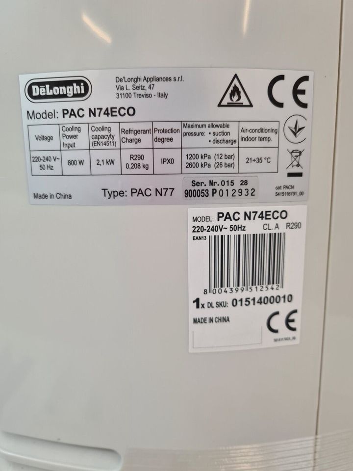 De Longhi PAC N77 ECO 800W Mobiles Klimagerät - Weiß PACN74ECO in Frankfurt am Main