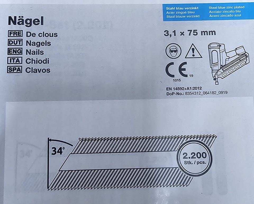 Streifennägel 34° D-Kopf verzinkt Ø 3,1 mm x 63 / 75 / 90 in Petkus