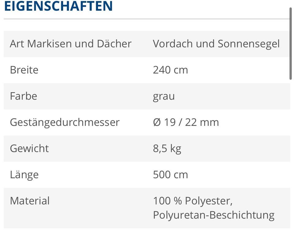 Sonnensegel 5m für Wohnwagen oder Wohnmobil in Eisleben