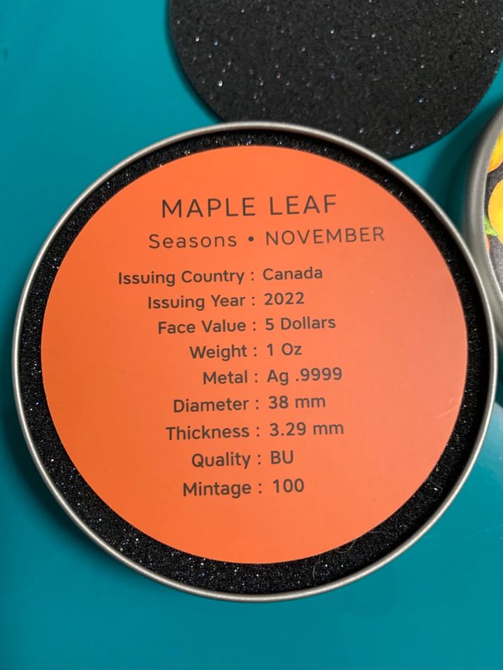 1 Oz Silber Canada 2022 Maple Leaf Jahreszeiten- November in Sinzig