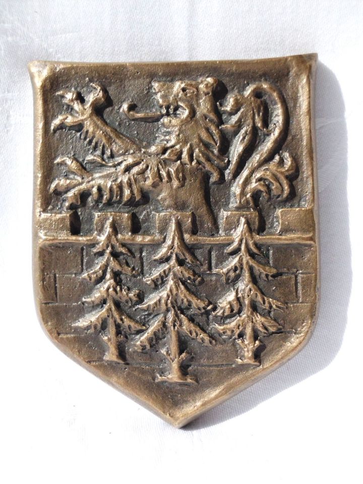 Vintage Wappen Bronze LÖWE - Zinnenmauer - Tannen Selten in Meine