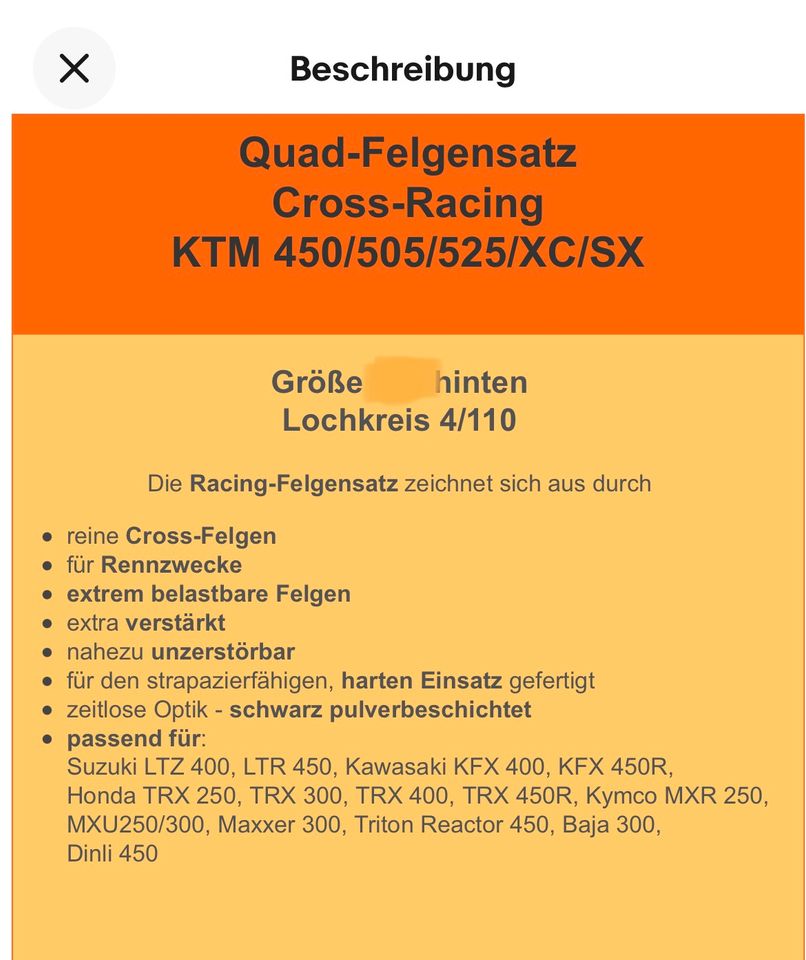 Beadlock Felgen für KTM / Suzuki Quad mit Reifen Neu ! in Dummerstorf