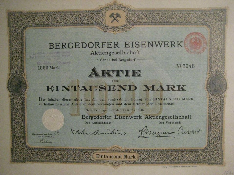 Aktie Bergedorfer Eisenwerk von 1907 - selten in Hamburg