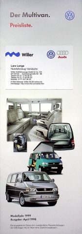 VW Bus T4 Multivan - Preisliste & Extras - Prospekt 04/1998 in Dresden