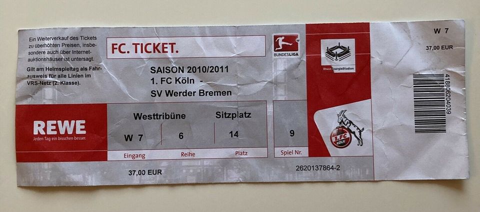 Eintrittskarte 1.FC Köln - Werder Bremen 2010/11 in Stuhr