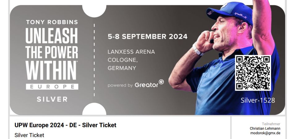 1x Ticket Tony Robbins UPW Europe 2024 in Köln - Silber + SP DEU in Kroppen
