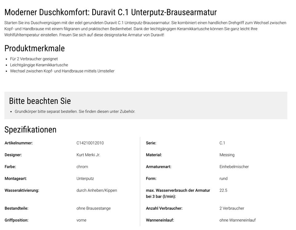 Duravit C1 Einhebel-Brausemischer Unterputz Wanne Dusche UvP 750€ in Bellenberg