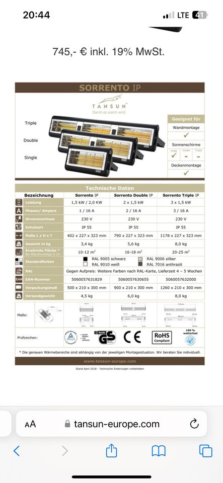 Tonsun sorrento 3 kw Infrarot Heizung in Biedenkopf