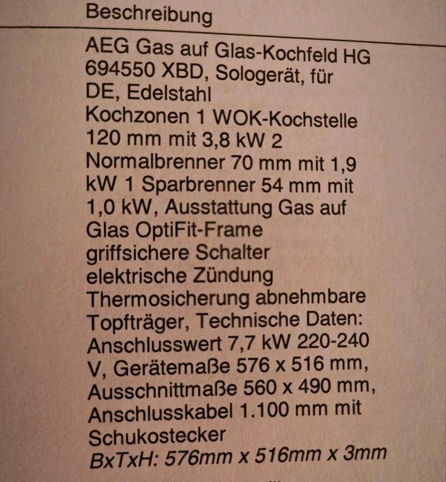 AEG Gas-Ceran-Kochfeld autark inkl. Gasschlauch in Fürstenwalde (Spree)