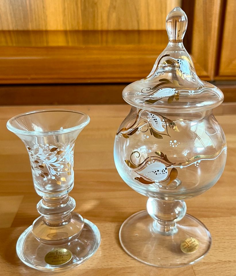 Handarbeit Kerzenständer Bonbonglas Deko Glas gold weiß Motiv in Wiesbaden