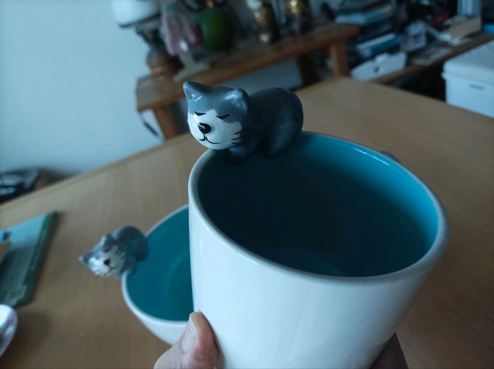 3 D- Katzen Tasse & Keramik Müsli Schale mit Kätzchen Figur drauf in Gievenbeck