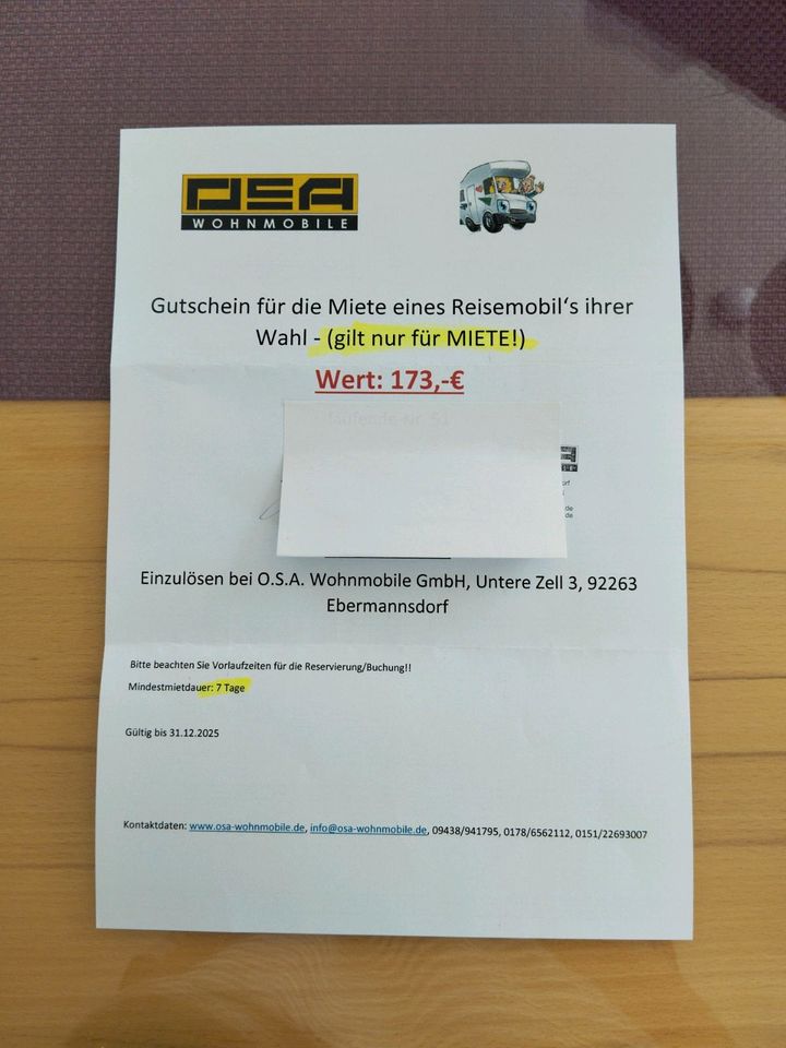 OSA Wohnwagen Wohnmobil Miete Ebermannsdorf Gutschein 173 Euro in Reuth