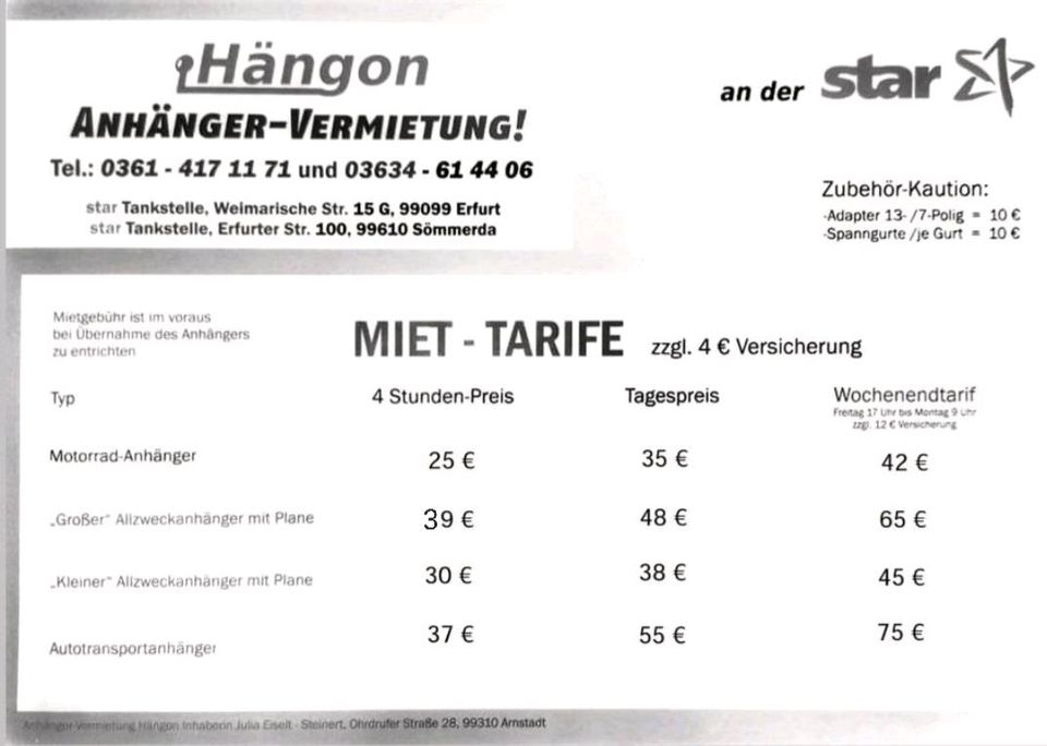 3 verschiedene Anhänger zu vermieten!Auto-Plane-Motorrad/Quad in Erfurt