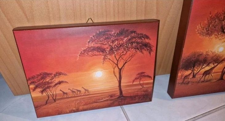 Bild Deko Wand Giraffe Sonnenuntergang Sonne Savanne Palme Holz in Bellheim