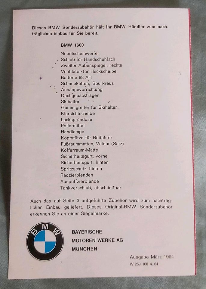 Preisliste no Prospekt BMW 1600 Die neue Klasse  1964 in Hildesheim