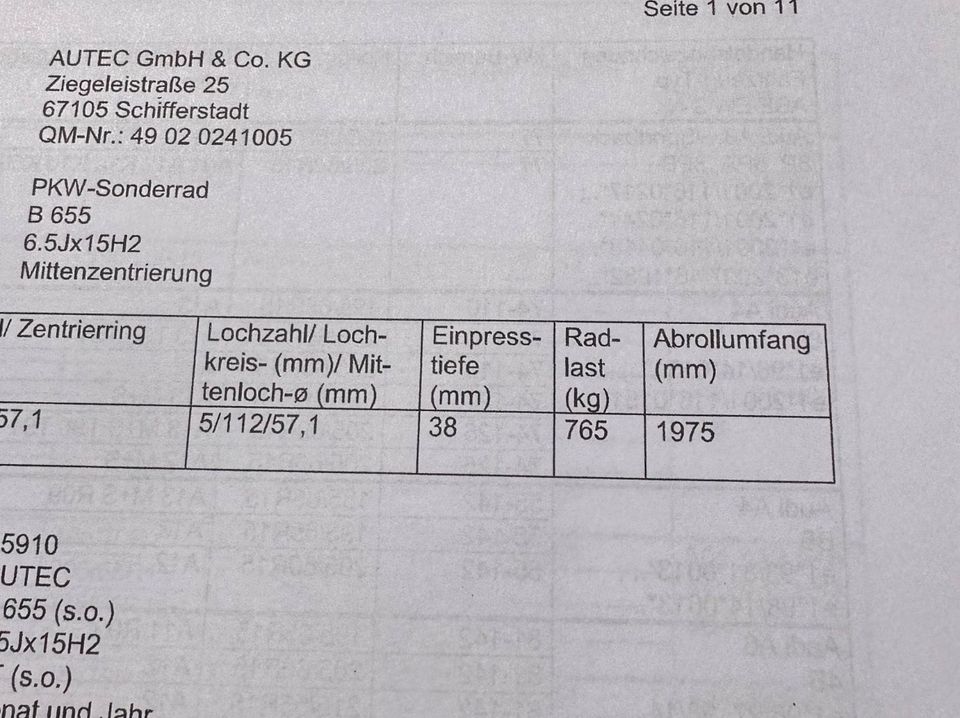 VW T4 Alufelgen 15 Zoll Gutachten 765kg! Autec in Mühlhausen