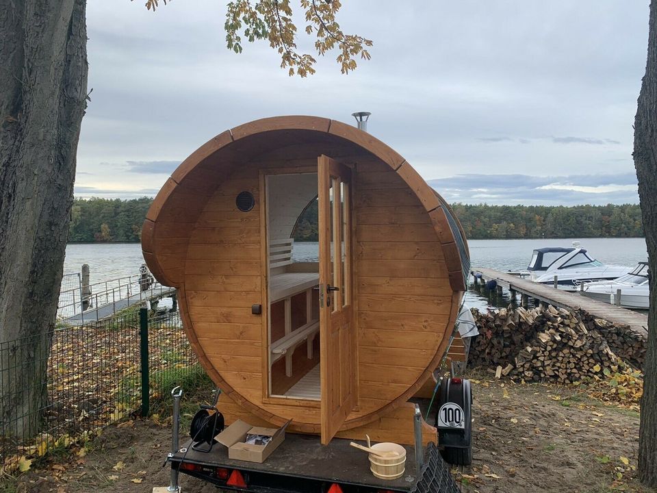 Panoramasauna mit Holzofen, Vordach, LED, 230v Sauna Fasssauna in Wandlitz