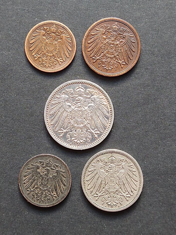 Lot Münzen Kaiserreich 1, 2, 5 ,10 Pfennig und 1 Mark 1915 A in Rudolstadt